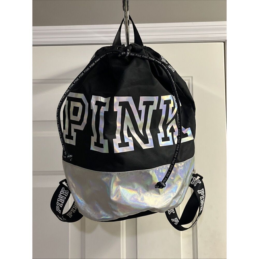 PINK Victoria's Secret Cinch Drawstring Large Back Pack Black/Silver NWOT